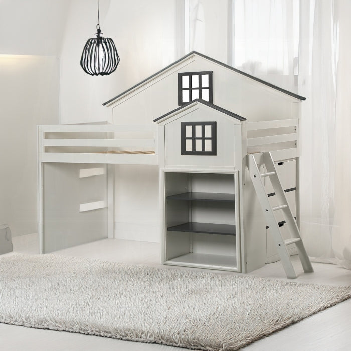 Acme BD02052 Ratana two tone white and gray finish wood twin loft bed with shelves and lower twin bed