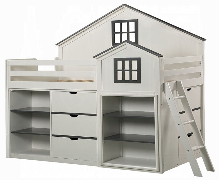 Acme BD02052 Ratana two tone white and gray finish wood twin loft bed with shelves and lower twin bed