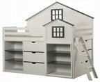 Acme BD02052 Ratana two tone white and gray finish wood twin loft bed with shelves and lower twin bed