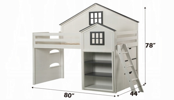 Acme BD02052 Ratana two tone white and gray finish wood twin loft bed with shelves and lower twin bed