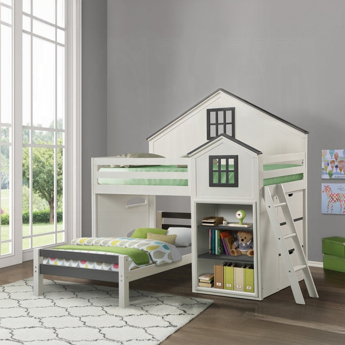 Acme BD02052 Ratana two tone white and gray finish wood twin loft bed with shelves and lower twin bed
