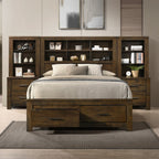 Acme BD02077Q 5 pc Merrilee oak finish wood queen bed with storage drawers headboard and nightstands with side piers