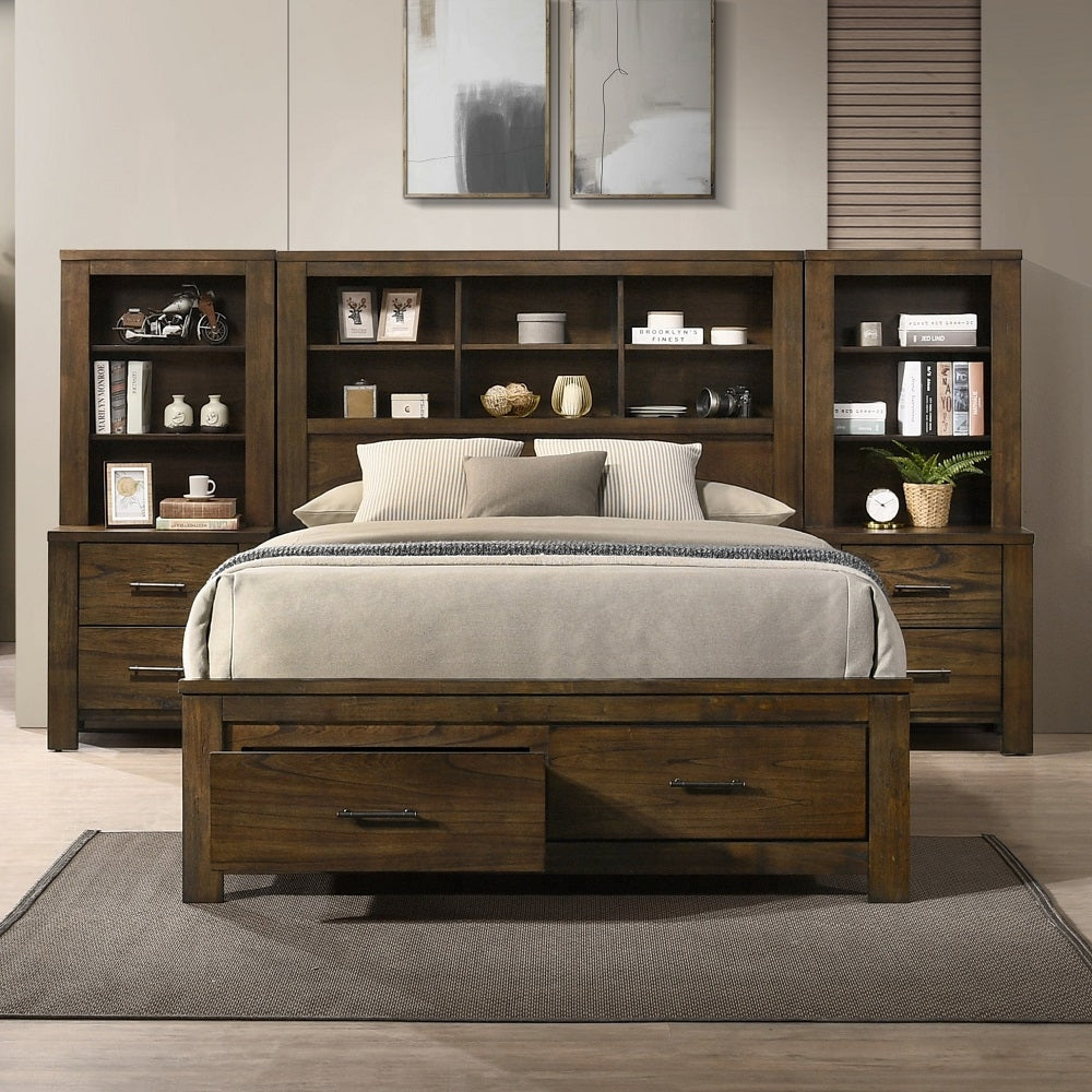 Acme BD02077Q 5 pc Merrilee oak finish wood queen bed with storage drawers headboard and nightstands with side piers