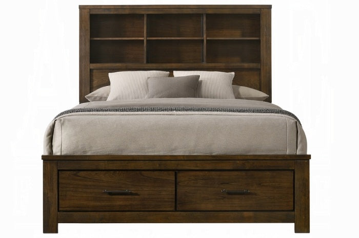 Acme BD02077Q 5 pc Merrilee oak finish wood queen bed with storage drawers headboard and nightstands with side piers