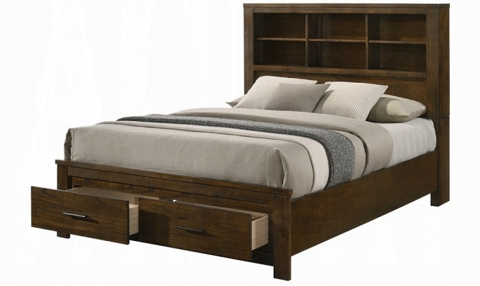 Acme BD02077Q 5 pc Merrilee oak finish wood queen bed with storage drawers headboard and nightstands with side piers