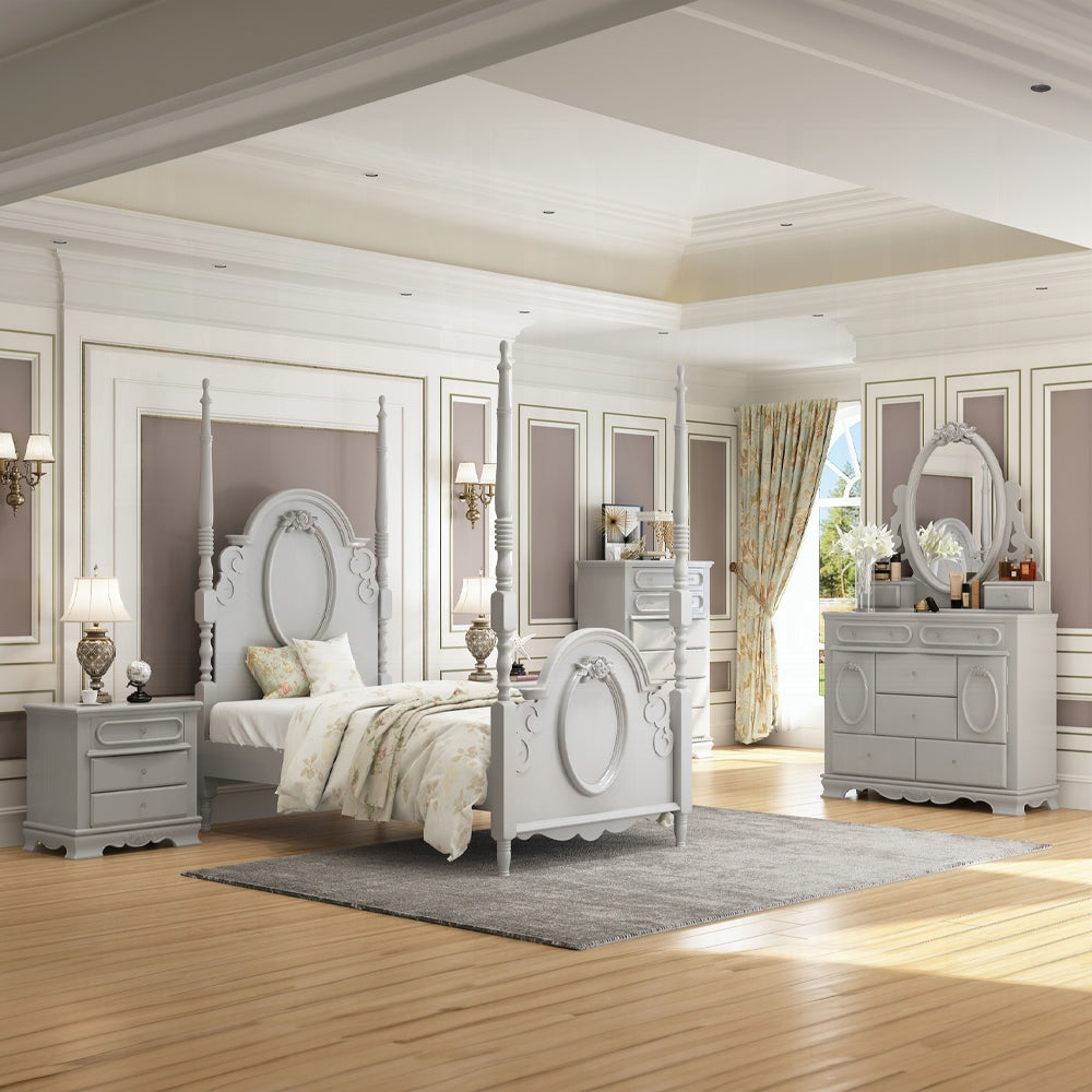 Acme BD02204T  Flora grey finish wood floral motif design 4 poster twin four poster bed