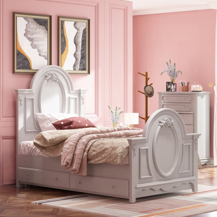 Acme BD02210T  Flora grey finish wood floral motif design oval paneled twin bed