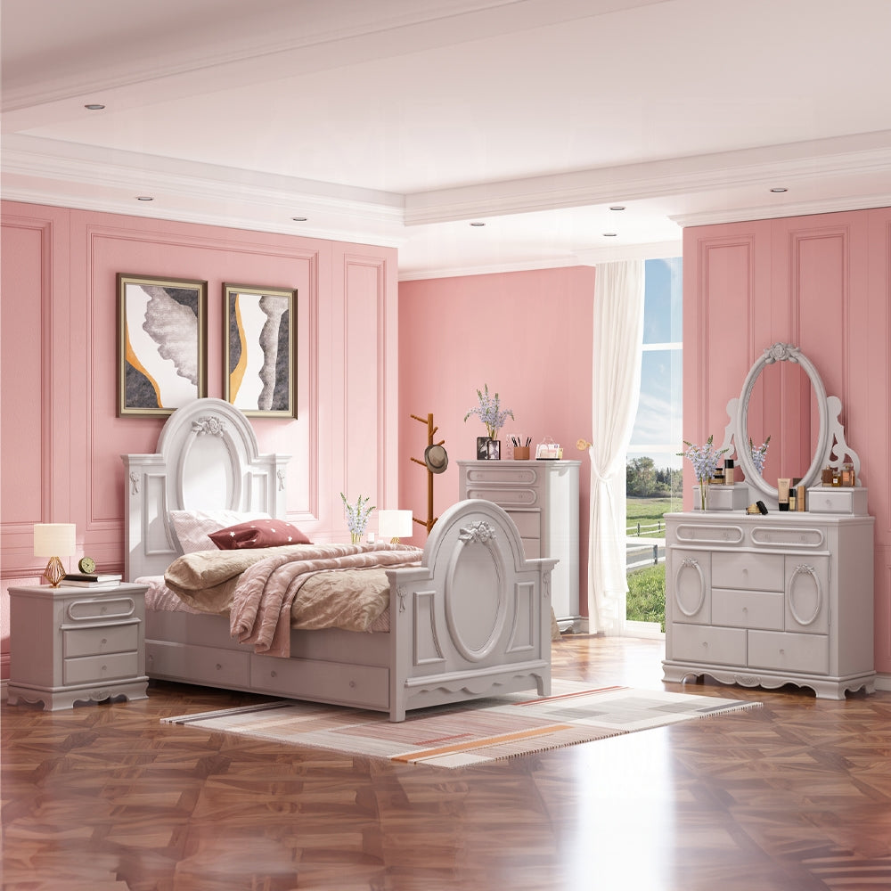 Acme BD02210T  Flora grey finish wood floral motif design oval paneled twin bed