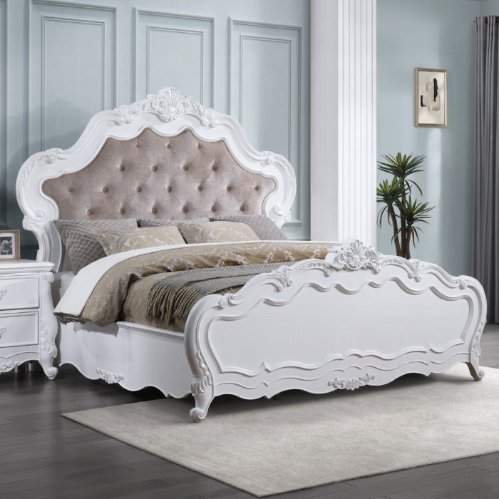Acme BD02254Q-4PC 4 pc Latisha traditional carved white finish wood fabric tufted queen bed set