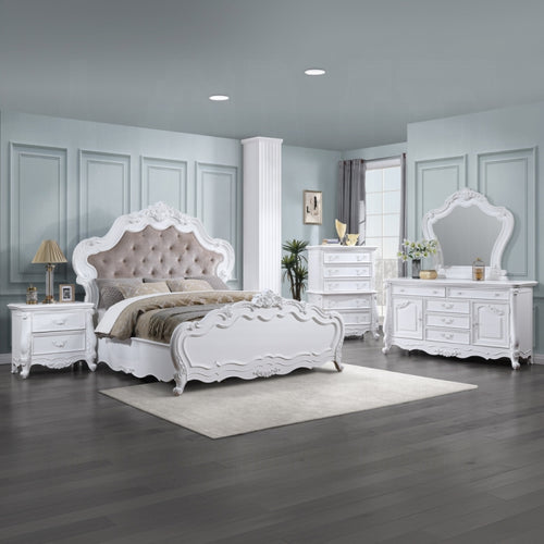 Acme BD02254Q-4PC 4 pc Latisha traditional carved white finish wood fabric tufted queen bed set