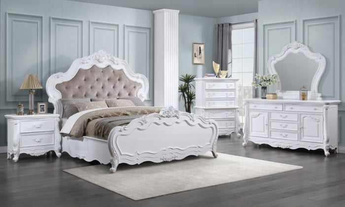 Acme BD02254Q-4PC 4 pc Latisha traditional carved white finish wood fabric tufted queen bed set