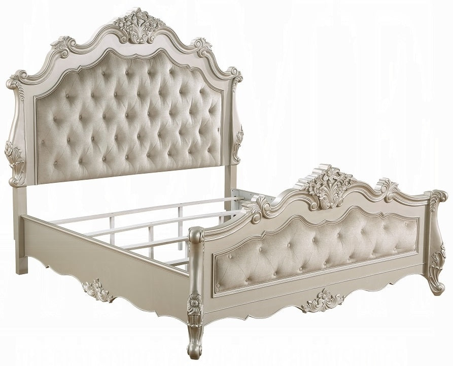 Acme BD02289-4PC 4 pc Bently champagne silver finish wood ornately carved fabric headboard queen bedroom set