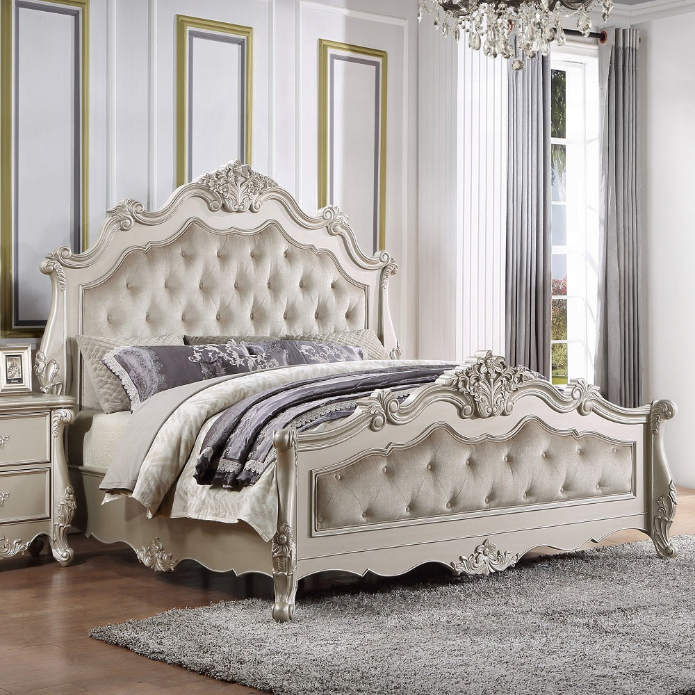 Acme BD02289-4PC 4 pc Bently champagne silver finish wood ornately carved fabric headboard queen bedroom set