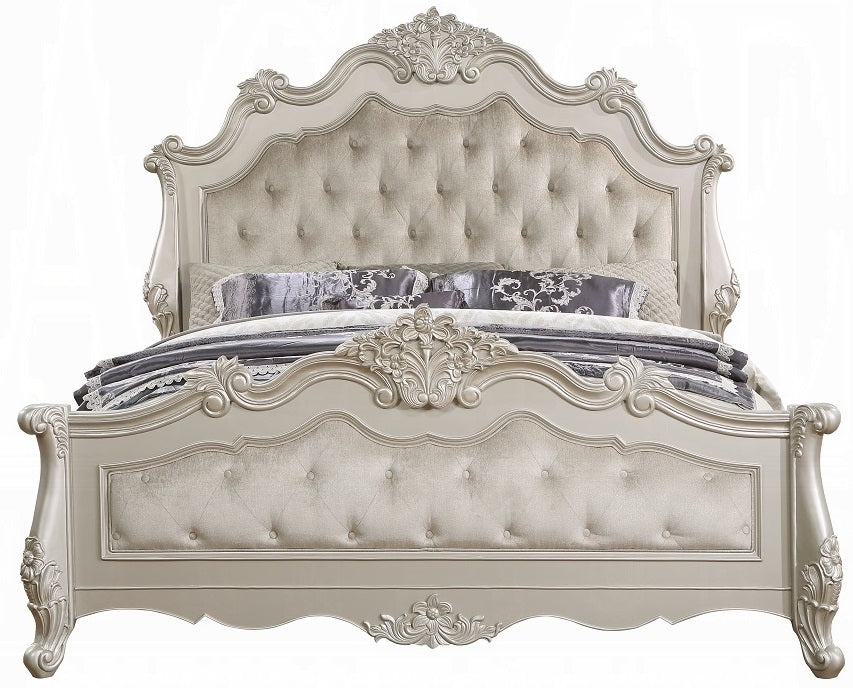 Acme BD02289-4PC 4 pc Bently champagne silver finish wood ornately carved fabric headboard queen bedroom set
