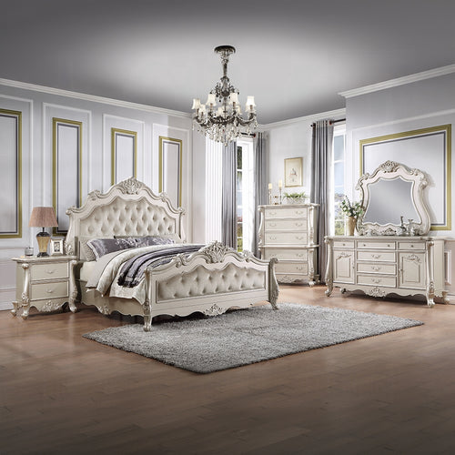 Acme BD02289-4PC 4 pc Bently champagne silver finish wood ornately carved fabric headboard queen bedroom set