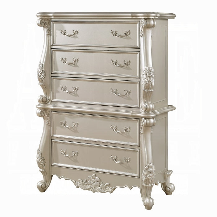 Acme BD02293 Bently champagne silver finish wood ornately carved 5 drawer tall chest