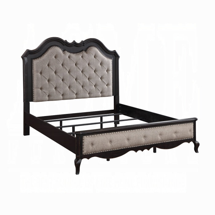 Acme BD02296Q  Chelmsford antique black finish wood beige fabric tufted queen bed