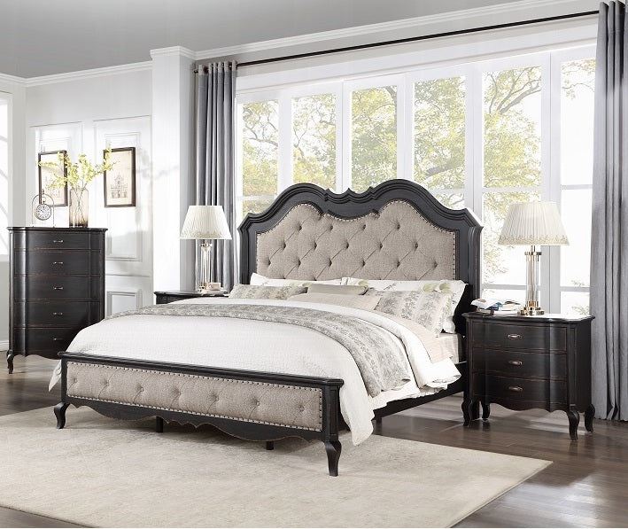 Acme BD02296Q-4PC 4 pc chelmsford antique black finish wood beige fabric tufted queen bedroom set