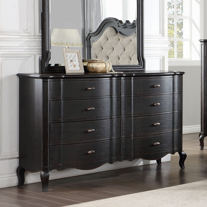 Acme BD02296Q-4PC 4 pc chelmsford antique black finish wood beige fabric tufted queen bedroom set