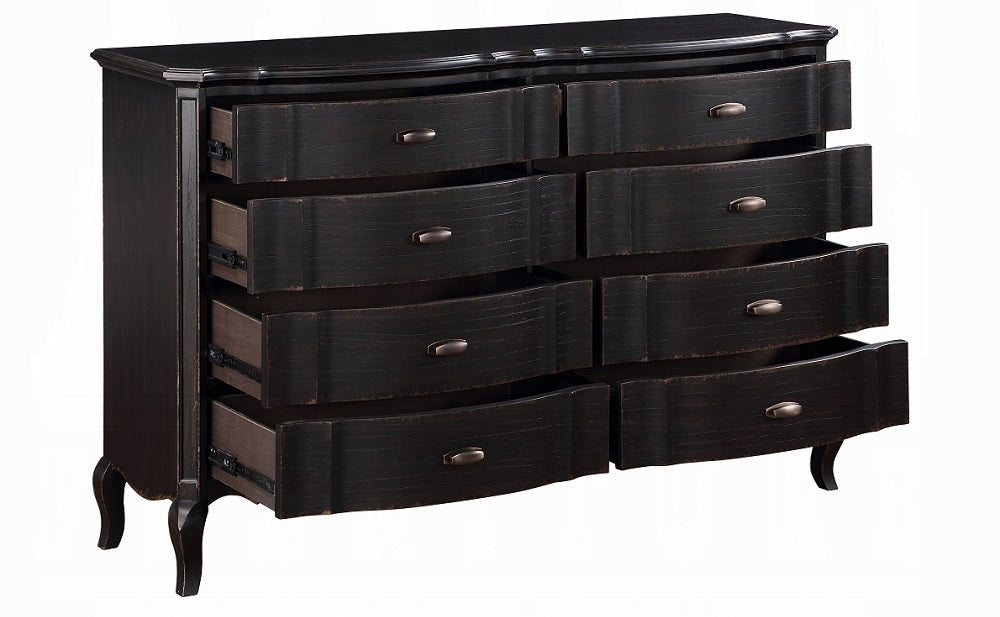 Acme BD02296Q-4PC 4 pc chelmsford antique black finish wood beige fabric tufted queen bedroom set