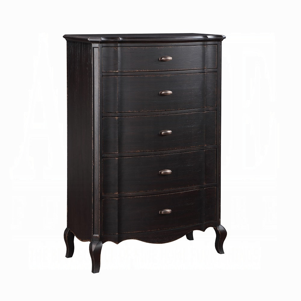 Acme BD02300 Chelmsford antique black finish wood 5 drawer tall chest curved fronts