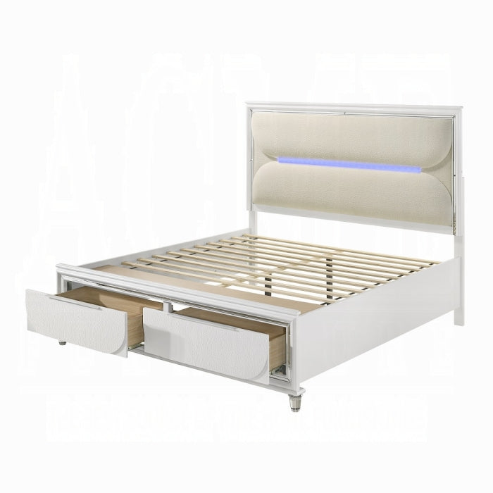 Acme BD02317Q  Tarian pearl white finish wood white boucle fabric LED queen bed with footboard drawers