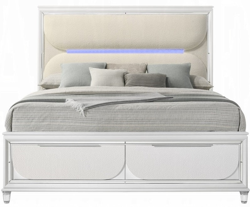 Acme BD02317Q-4PC 4 pc Tarian pearl white finish wood white boucle fabric LED queen bedroom set