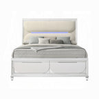 Acme BD02317Q  Tarian pearl white finish wood white boucle fabric LED queen bed with footboard drawers