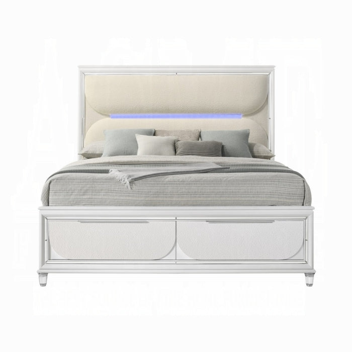 Acme BD02317Q  Tarian pearl white finish wood white boucle fabric LED queen bed with footboard drawers