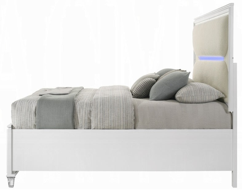 Acme BD02317Q-4PC 4 pc Tarian pearl white finish wood white boucle fabric LED queen bedroom set