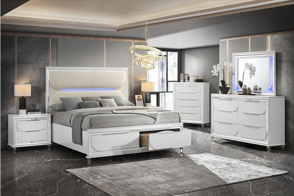 Acme BD02317Q-4PC 4 pc Tarian pearl white finish wood white boucle fabric LED queen bedroom set