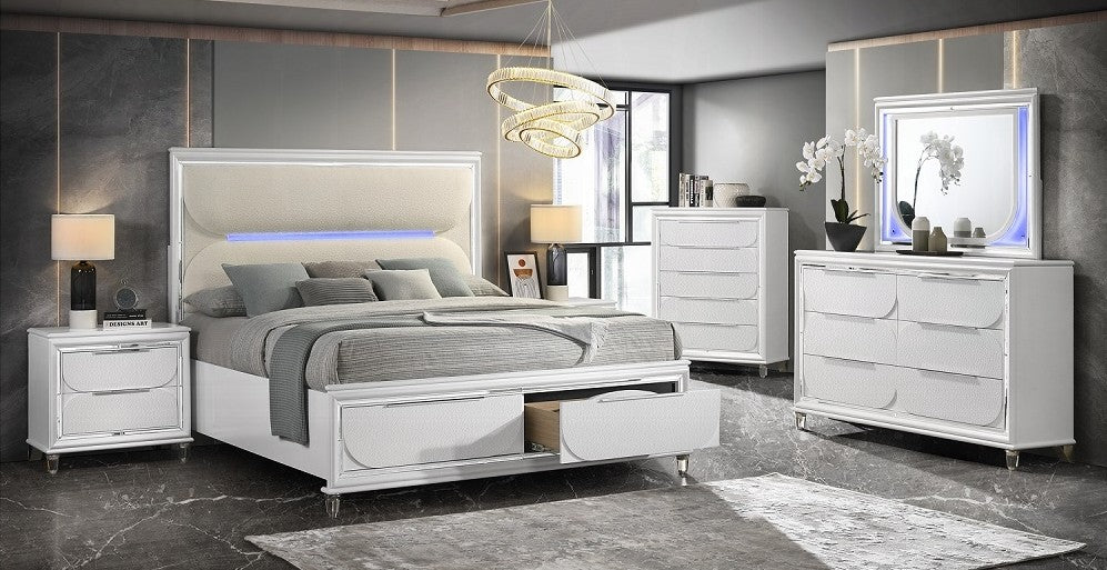 Acme BD02317Q-4PC 4 pc Tarian pearl white finish wood white boucle fabric LED queen bedroom set