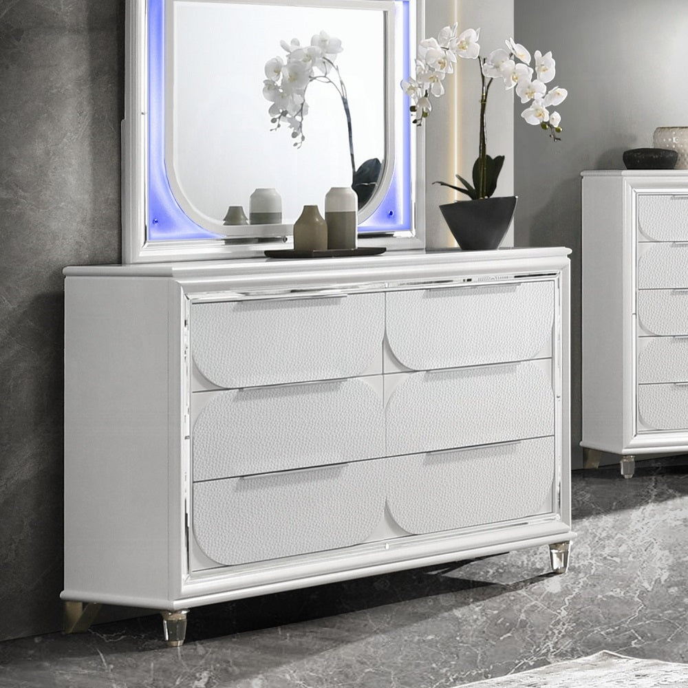 Acme BD02317Q-4PC 4 pc Tarian pearl white finish wood white boucle fabric LED queen bedroom set
