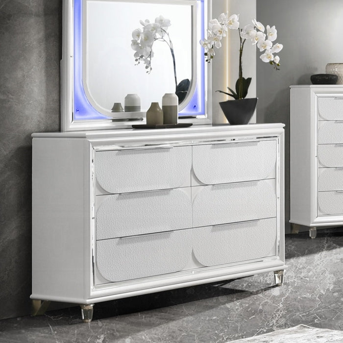 Acme BD02320 Tarian pearl white finish wood mirror finish trim acrylic leg 6 drawer dresser