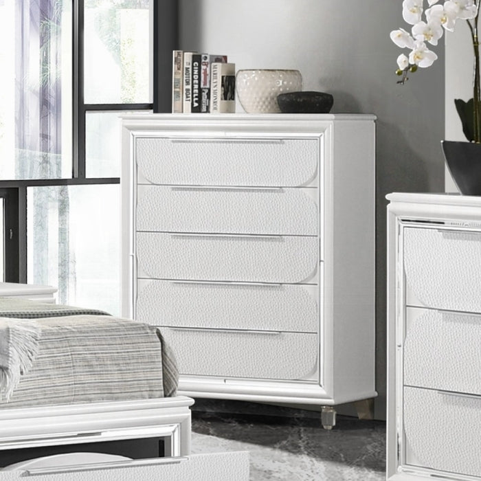 Acme BD02321 Tarian pearl white finish wood mirror finish trim acrylic leg 5 drawer tall chest