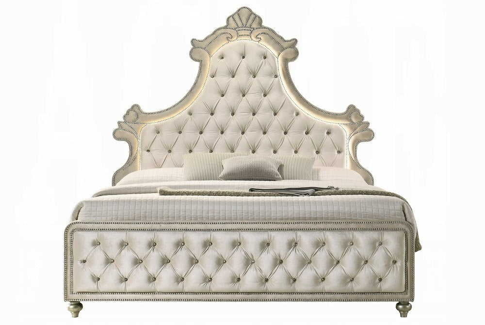 Acme BD02335Q-4PC 4 pc Lucienne beige velvet tufted ornate queen bedroom set fabric tufted upholstered