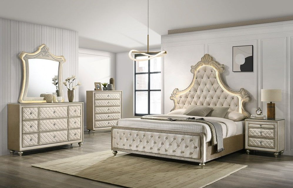 Acme BD02335Q-4PC 4 pc Lucienne beige velvet tufted ornate queen bedroom set fabric tufted upholstered