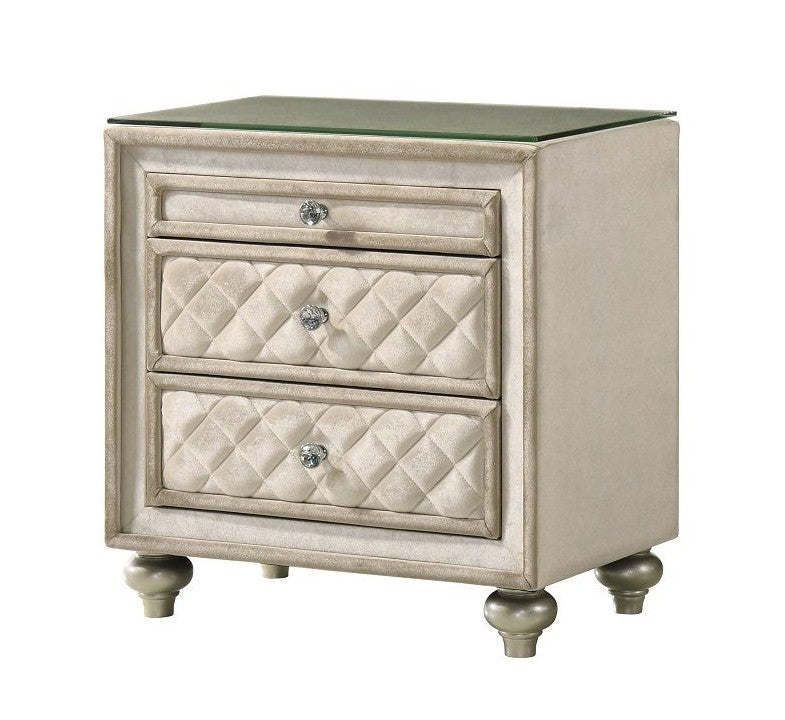 Acme BD02336  Lucienne beige velvet tufted ornate fabric upholstered bed side nightstand