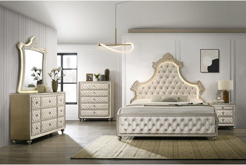 Acme BD02335Q-4PC 4 pc Lucienne beige velvet tufted ornate queen bedroom set fabric tufted upholstered