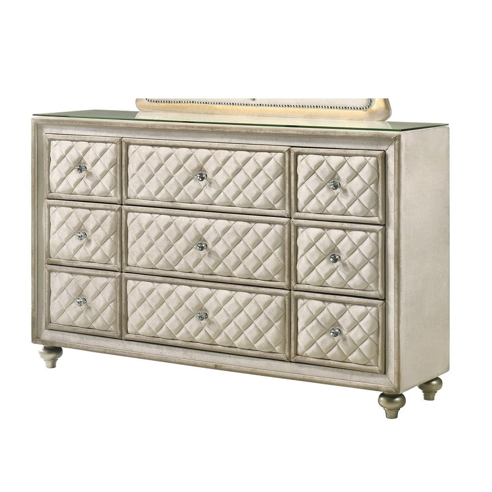 Acme BD02338  Lucienne beige velvet tufted ornate fabric upholstered 9 drawer dresser