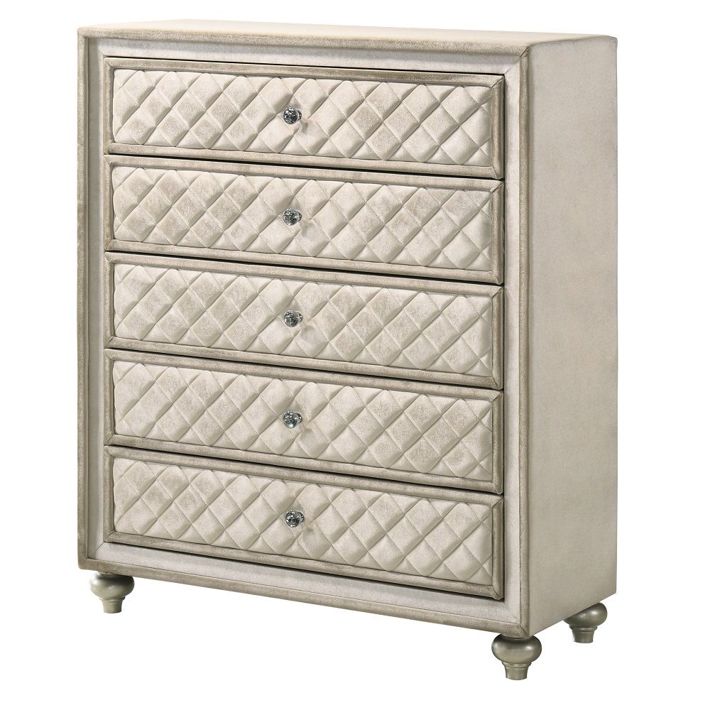Acme BD02339  Lucienne beige velvet tufted ornate fabric upholstered 5 drawer tall chest