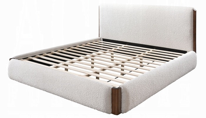 Acme BD02470Q Sandro white boucle fabric padded queen bed set walnut wood accents