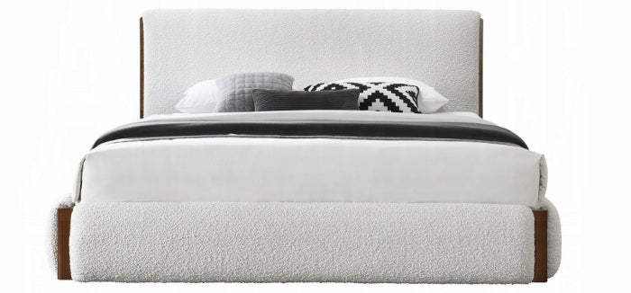 Acme BD02470Q Sandro white boucle fabric padded queen bed set walnut wood accents