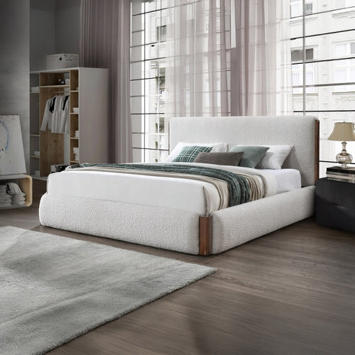 Acme BD02470Q Sandro white boucle fabric padded queen bed set walnut wood accents
