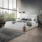 Acme BD02470Q Sandro white boucle fabric padded queen bed set walnut wood accents