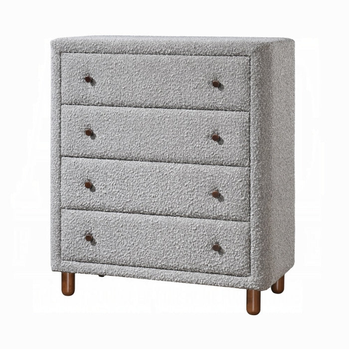 Acme BD02474 Cleo grey boucle fabric padded 4 drawer tall chest