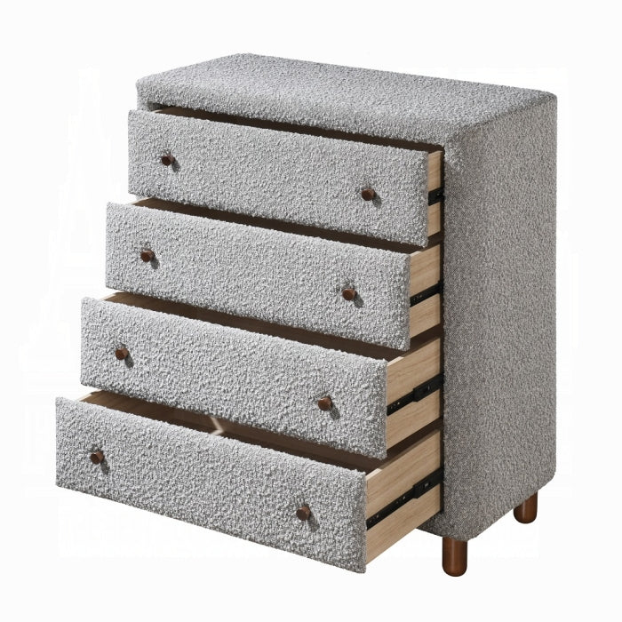 Acme BD02474 Cleo grey boucle fabric padded 4 drawer tall chest