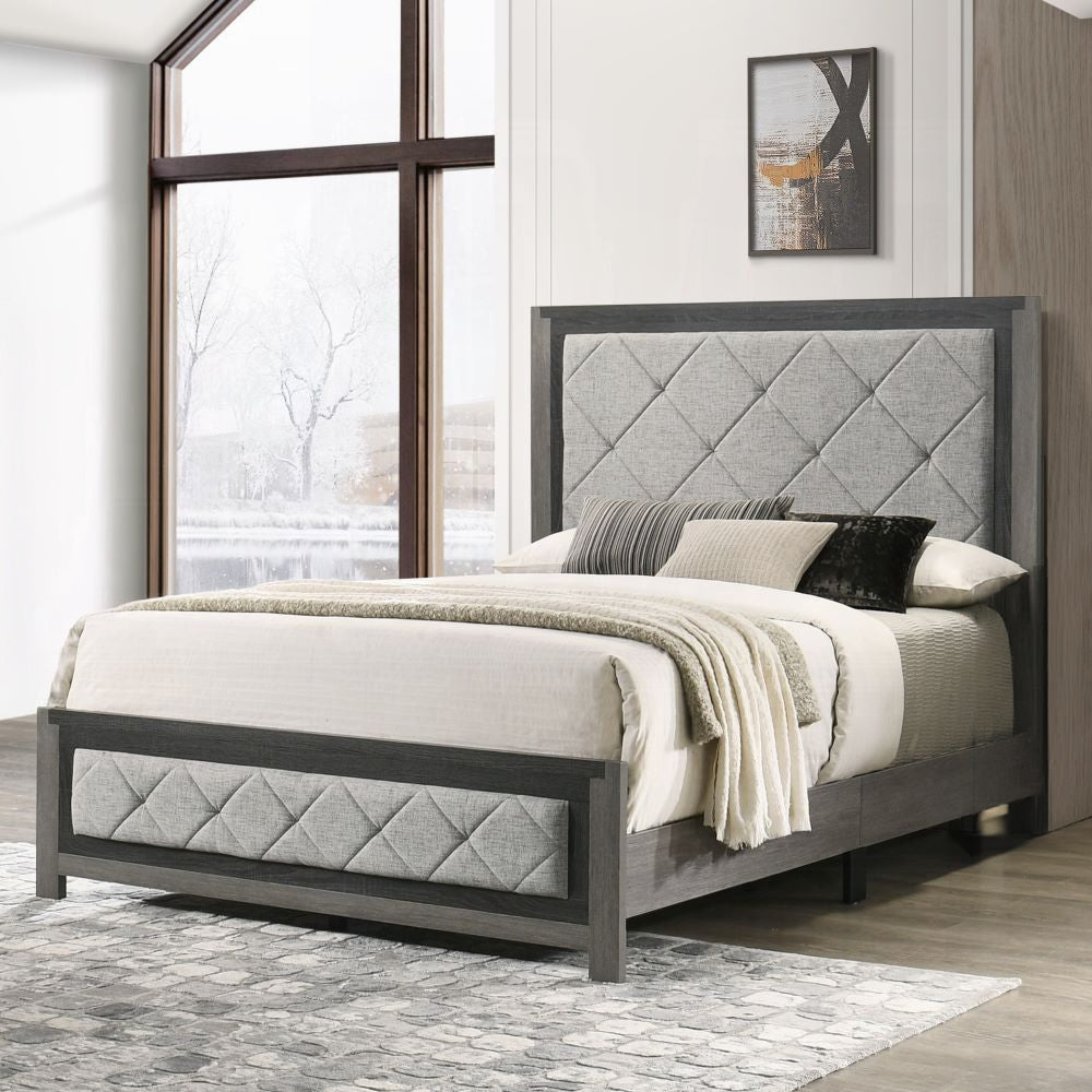 BD02722Q-4PC 4 pc Jehoram grey finish wood grey linen padded headboard queen bedroom set