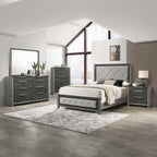BD02722Q-4PC 4 pc Jehoram grey finish wood grey linen padded headboard queen bedroom set