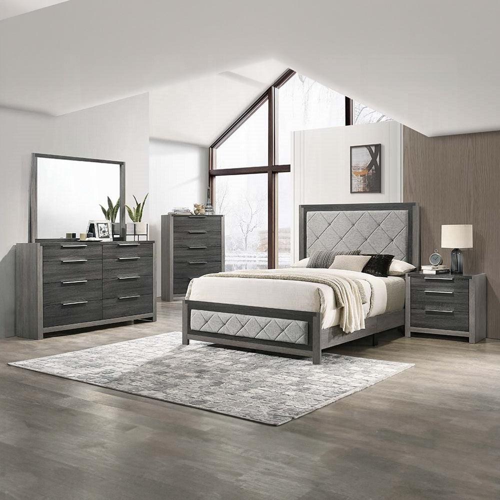 BD02722Q-4PC 4 pc Jehoram grey finish wood grey linen padded headboard queen bedroom set